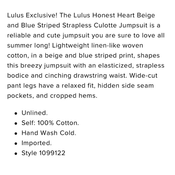 Lulus blue & white striped strapless jumpsuit summer beach vacation travel S - Picture 4 of 9